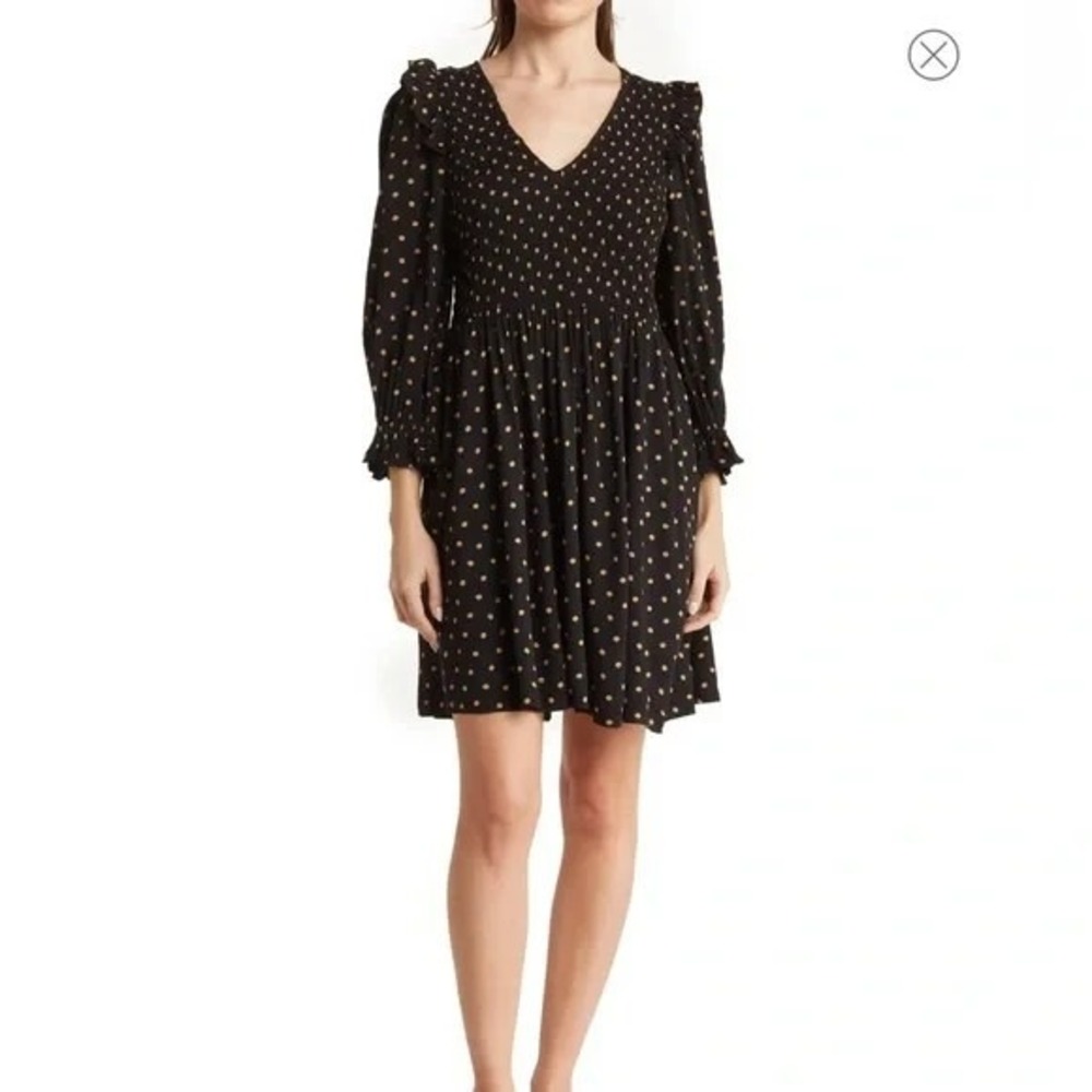 Madewell Lucie V Neck Smocked Mini Dress‎ Women's XL Black Gold Poka Dots Boho